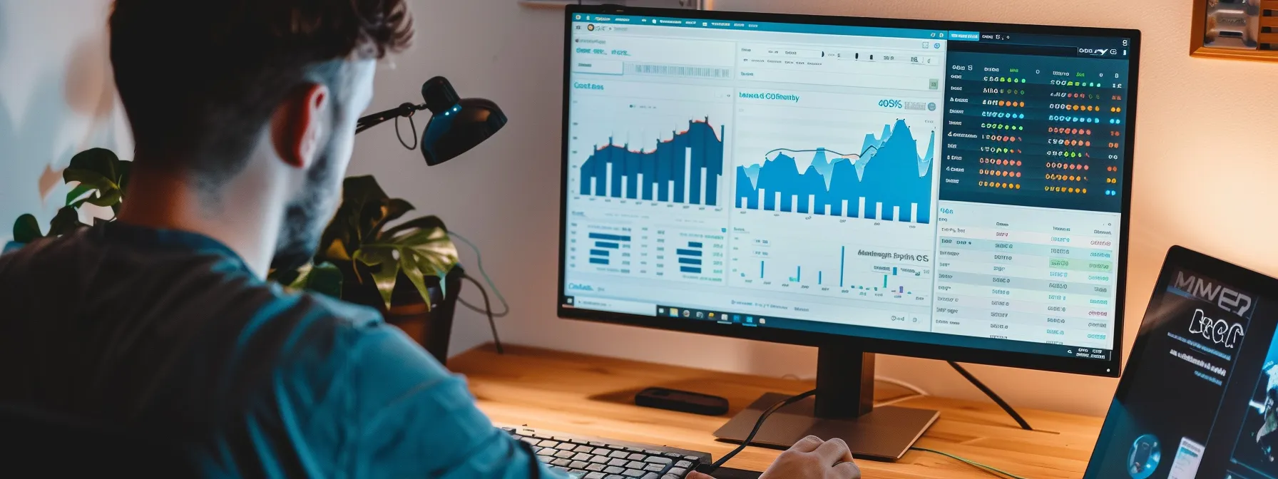 a person analyzing a computer screen with website traffic graphs and keyword rankings.