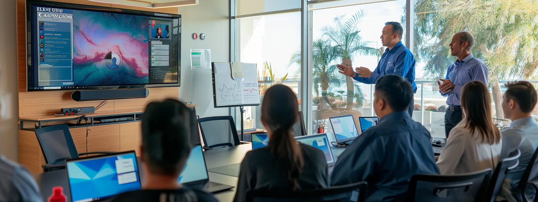 a sales representative conducting a presentation to a group of engaged potential clients.