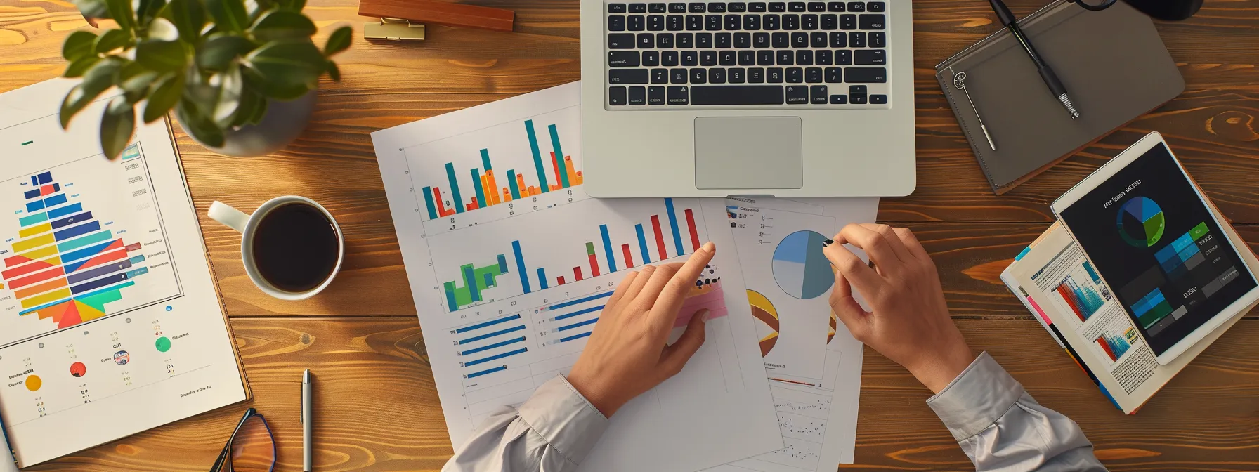 a person working on a laptop, surrounded by graphs and charts related to seo strategies.