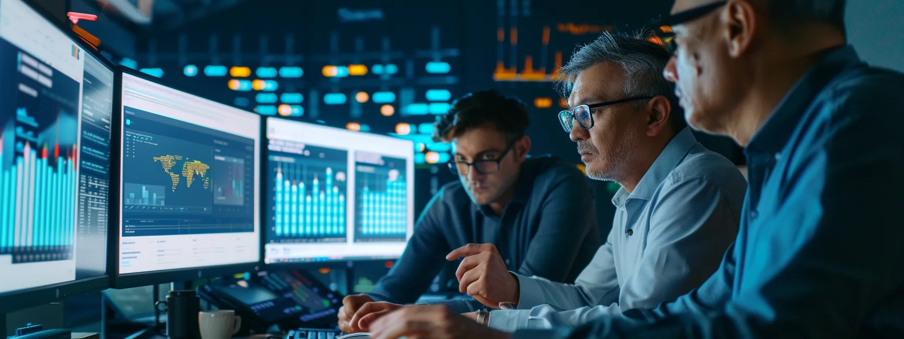 a group of marketing experts reviewing data analytics on a computer screen.