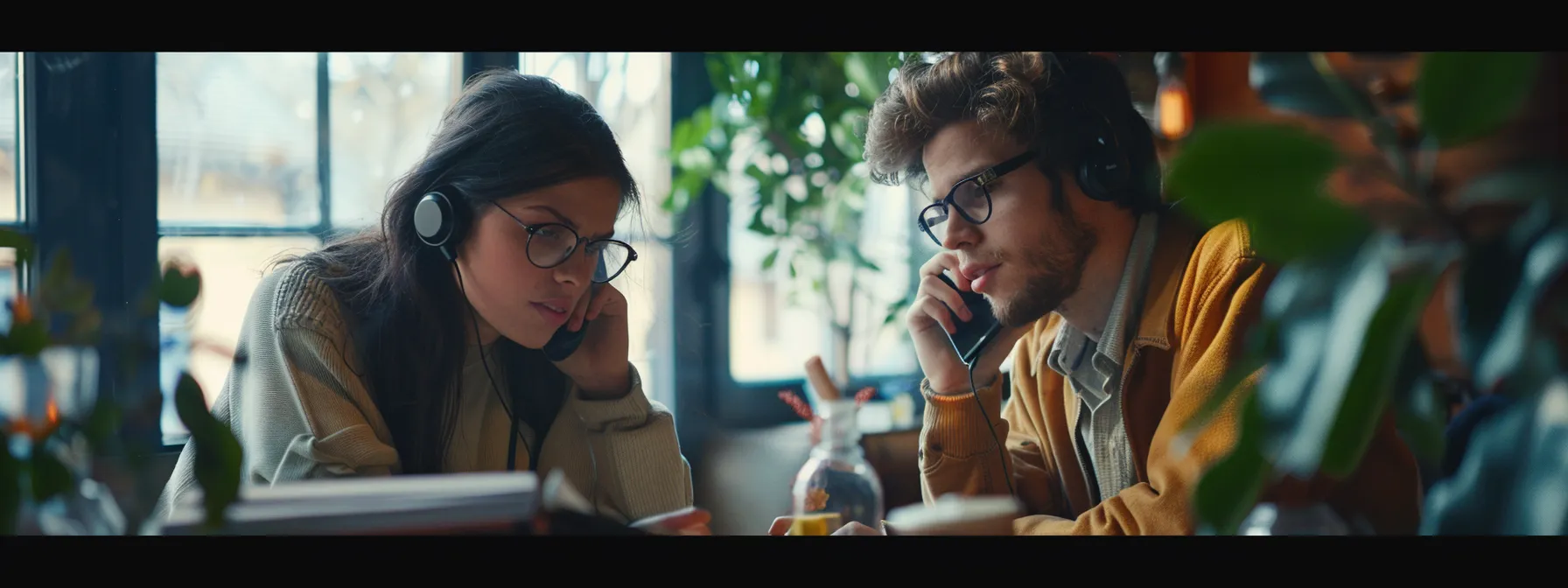 two people speaking on the phone, one nodding in understanding while the other listens intently.