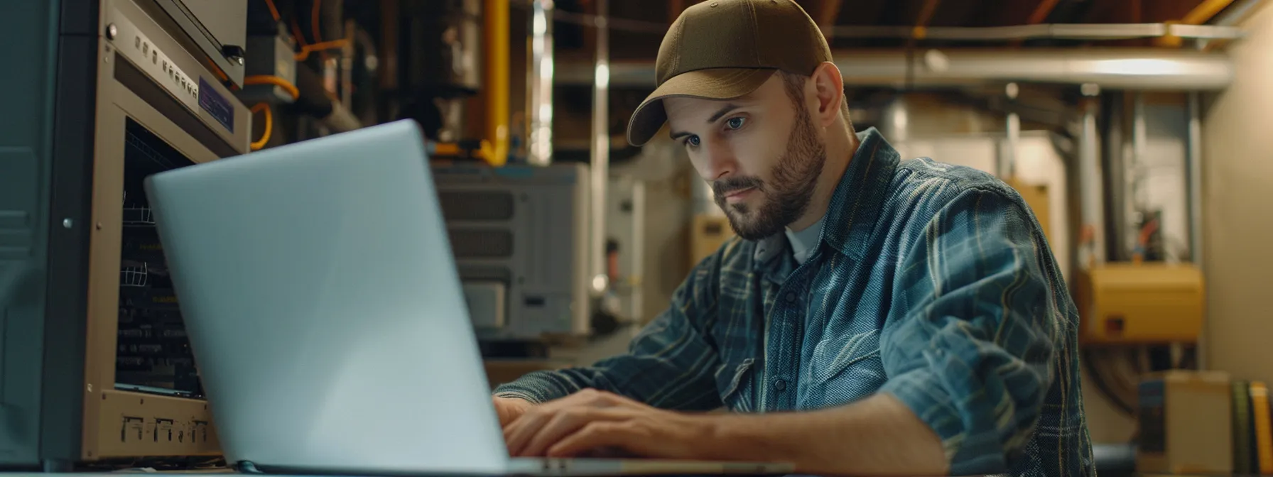 an hvac technician writing informative blog posts on a laptop.