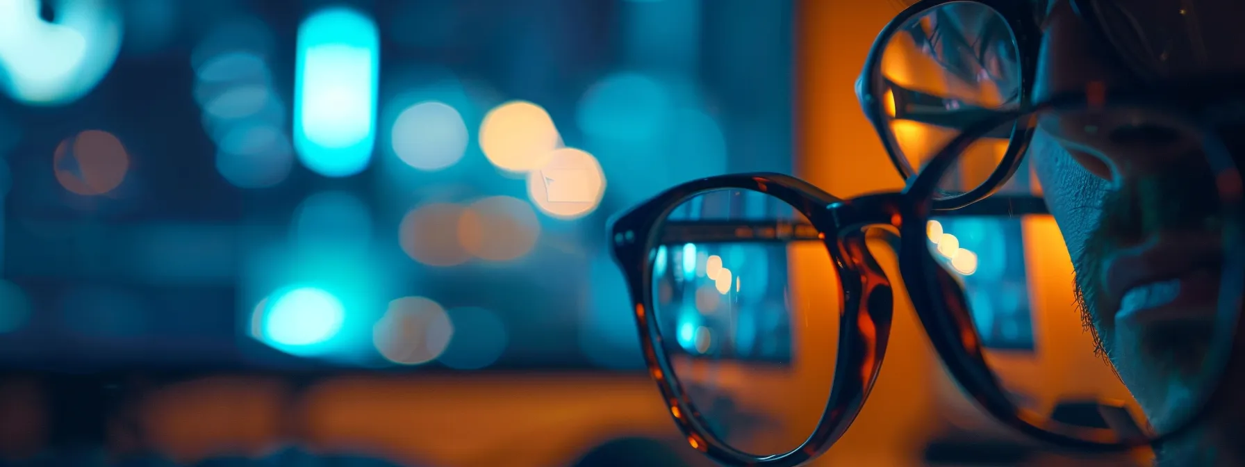 a person writing a blog post on eye health and care with stylish glasses and lasik technology in the background.