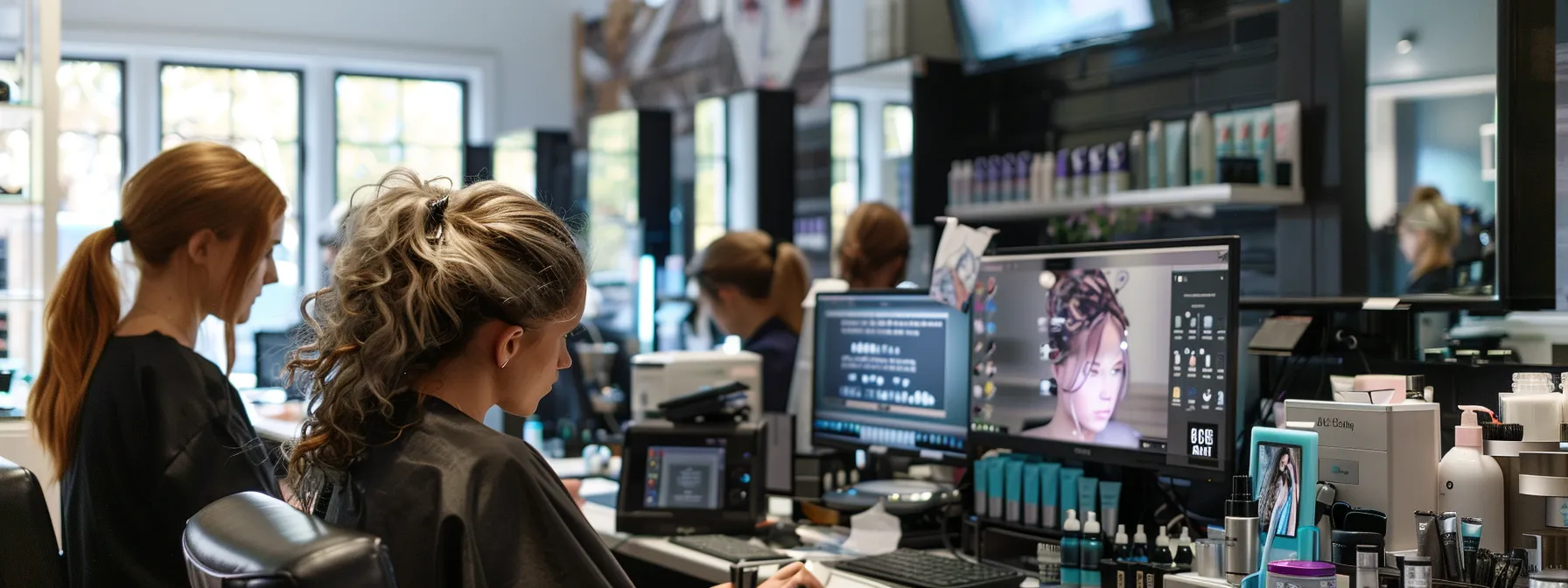 a busy salon with stylists working on clients while social media notifications pop up on a computer screen.