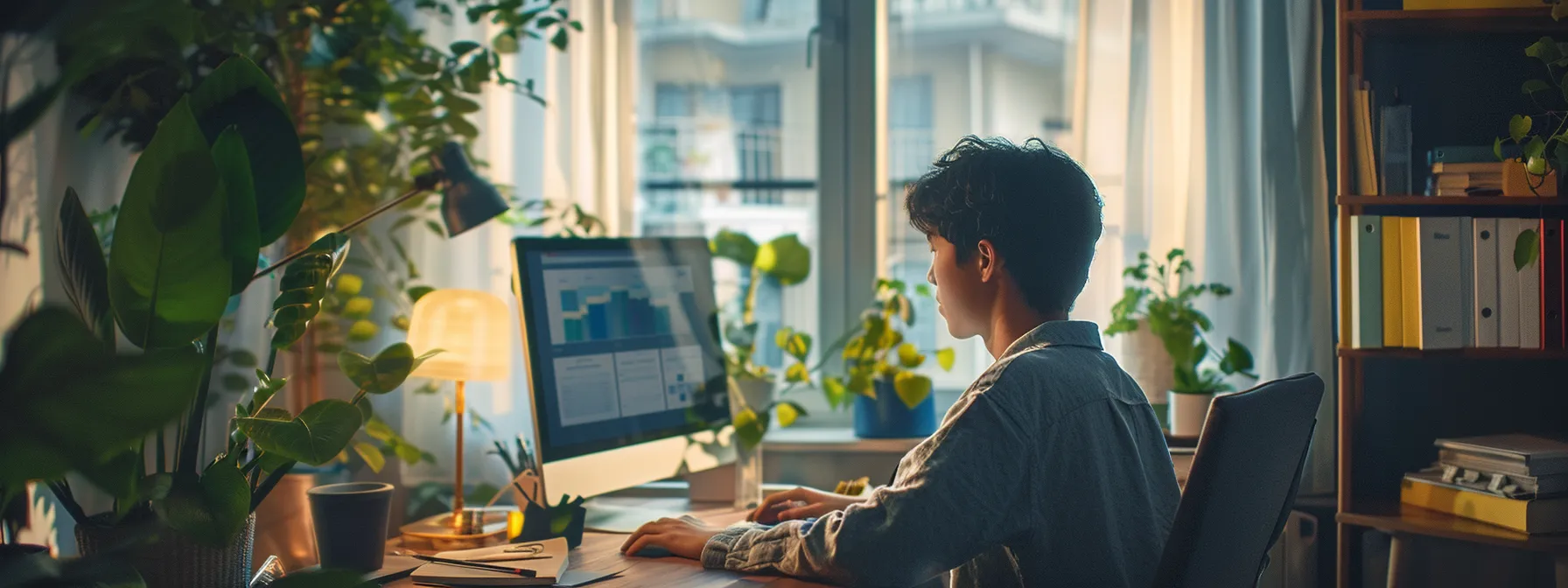 a person sitting at a desk with a computer and notebook, reviewing and adjusting email personalization strategies.