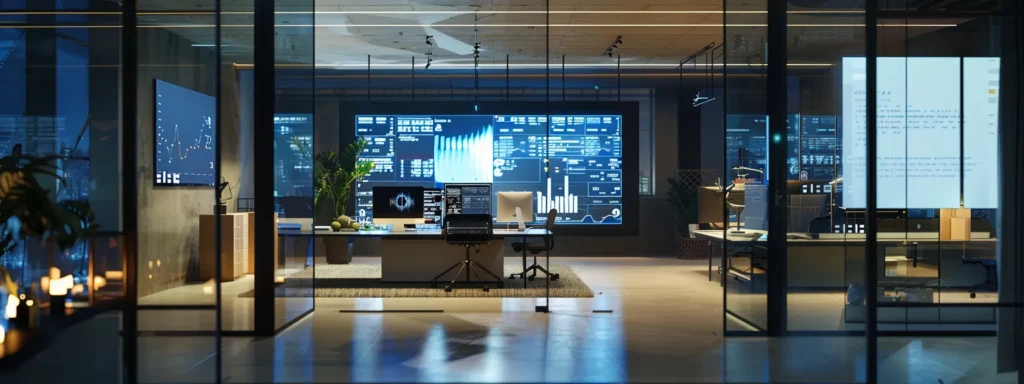 a futuristic office setting with a digital assistant seamlessly managing customer data on multiple screens.