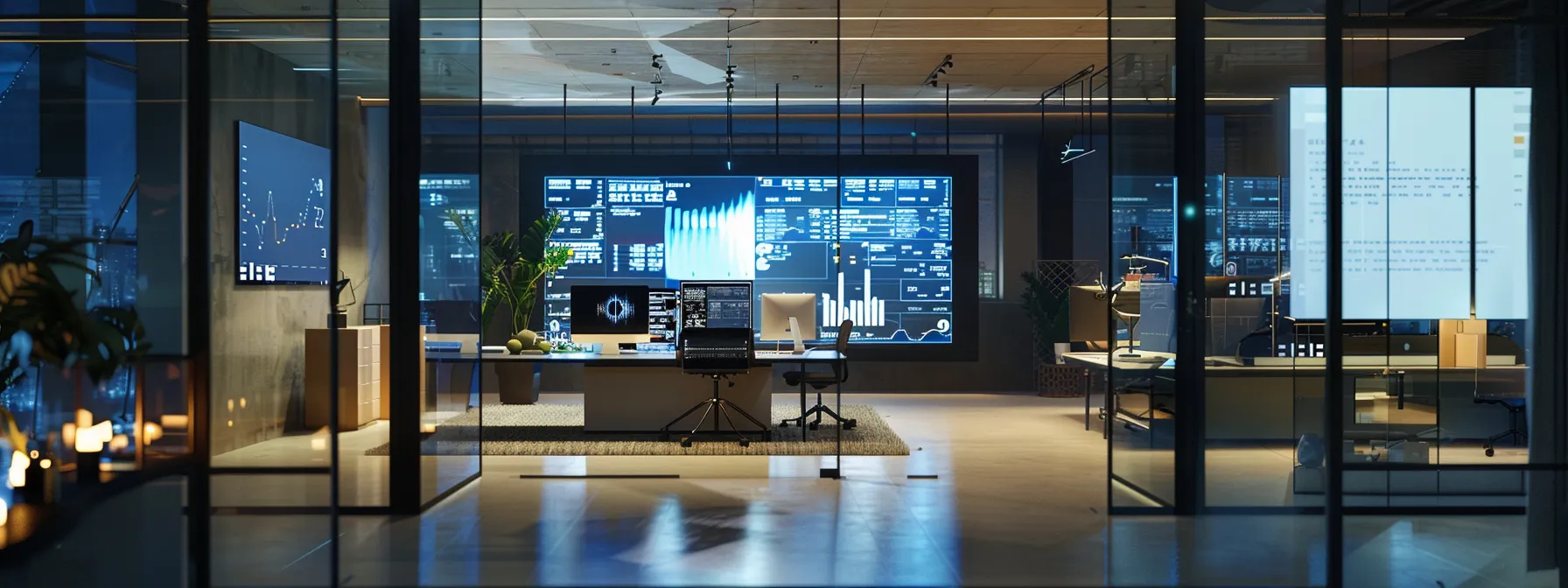 Emerging AI-powered CRM Automation Trends Shaping the Future 2 a futuristic office setting with a digital assistant seamlessly managing customer data on multiple screens.