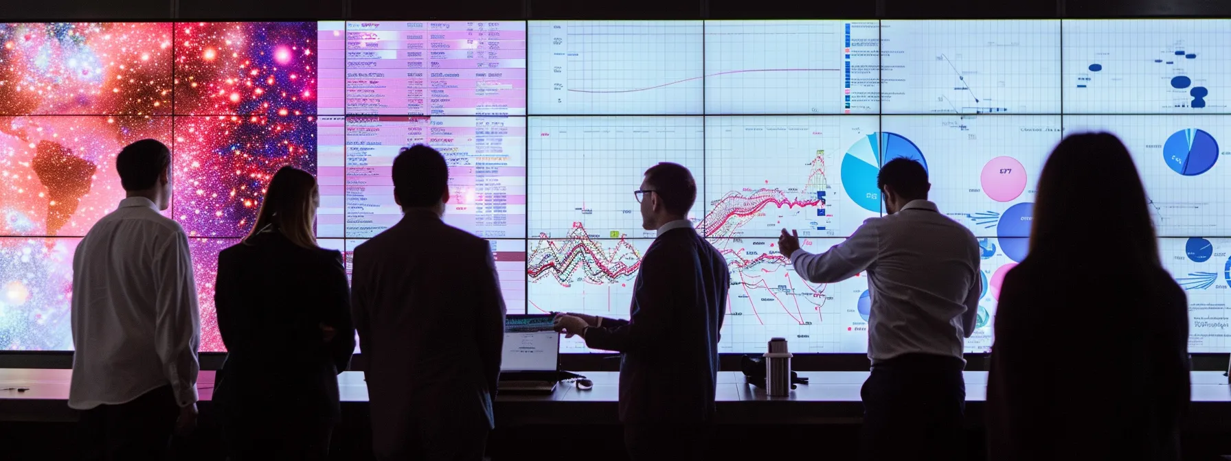 a group of analysts studying and analyzing a large screen filled with data and graphs.