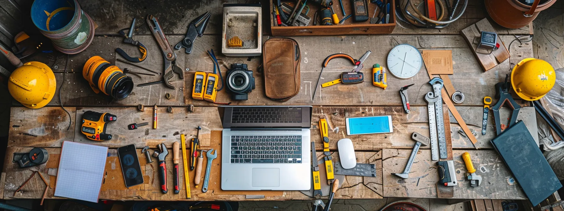 a roofer's table filled with tools, materials, and a laptop with open browser tabs on seo strategies and content creation tips.