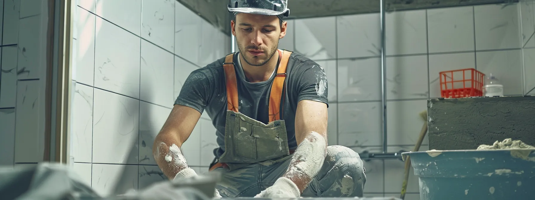 a tiling contractor working on a bathroom renovation project.