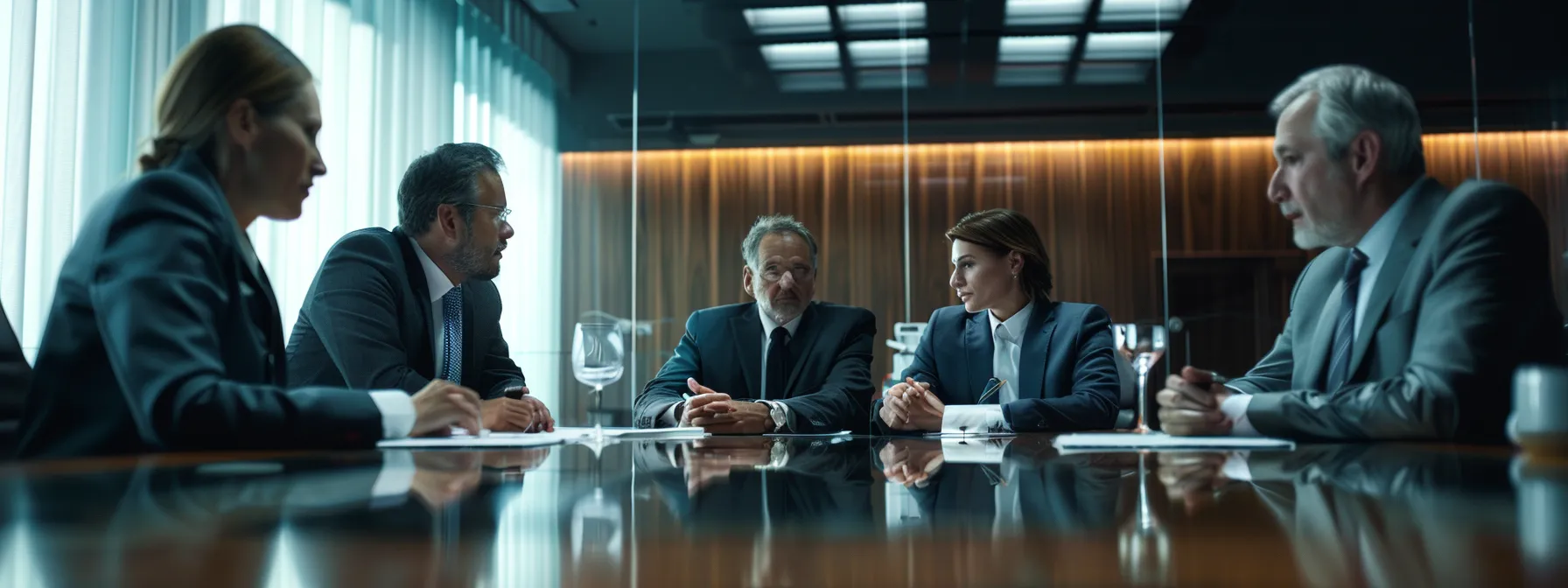 a group of business executives confidently discussing a plan at a boardroom table.