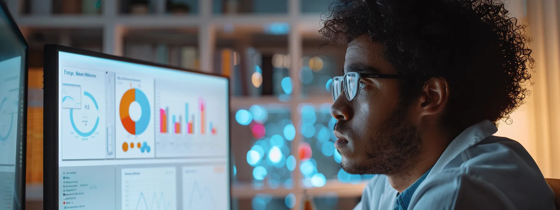 a physiotherapist looking at a computer screen with graphs and charts showing search rankings, website traffic, and patient conversion rates.