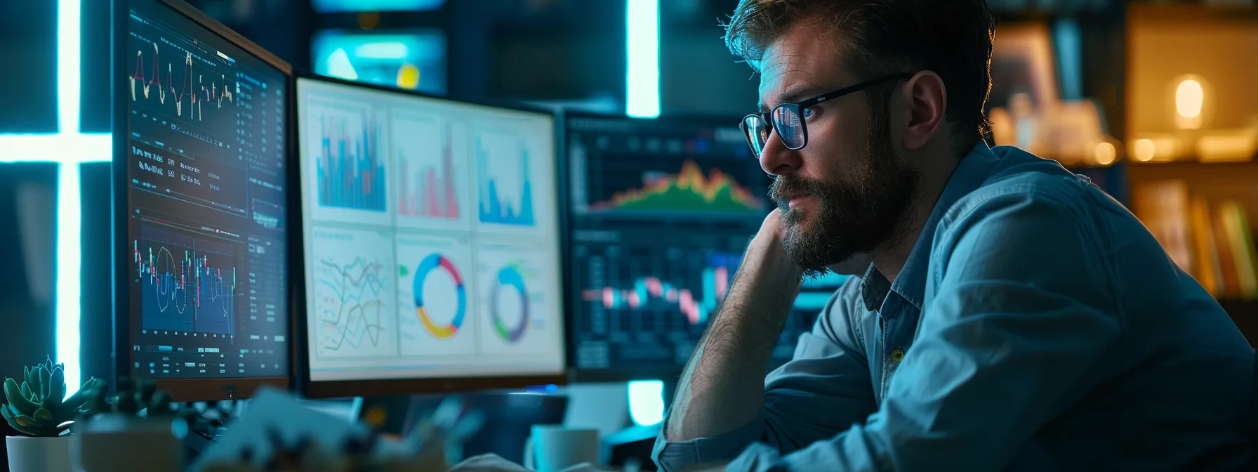 a business owner analyzing data on a computer screen, with various graphs and charts displayed.