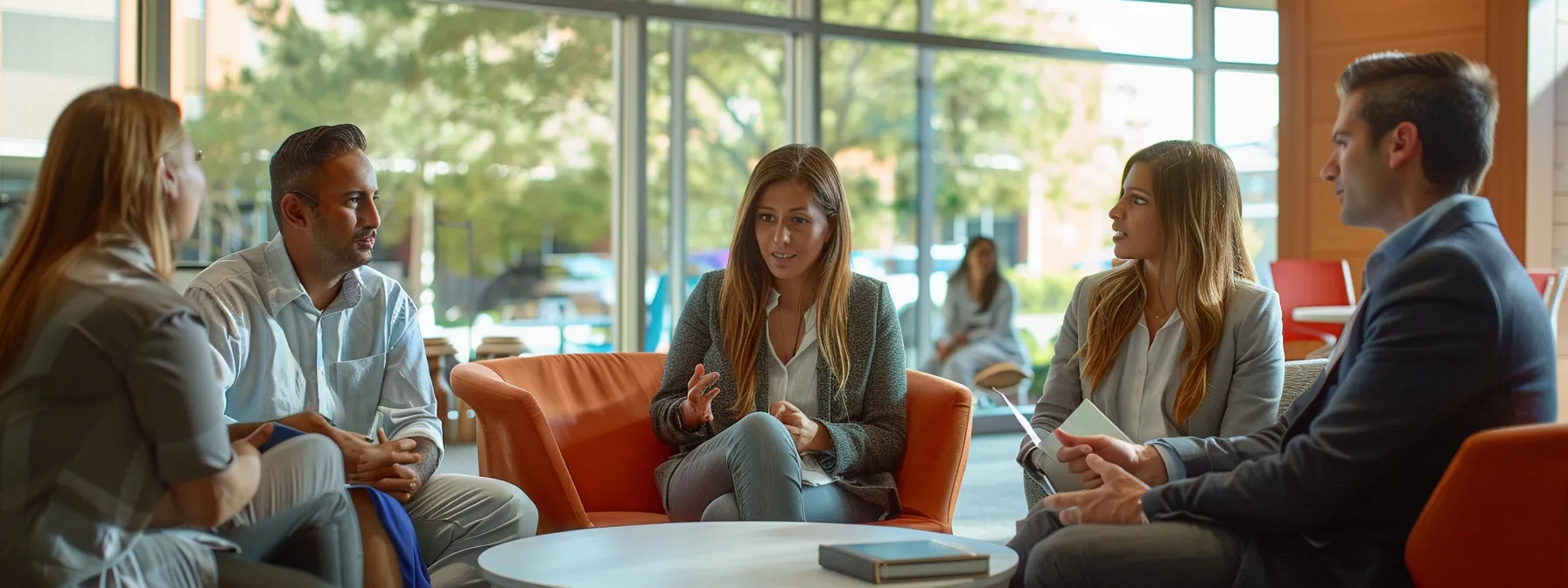 a group of business professionals discussing seo audit strategies in a modern office setting.