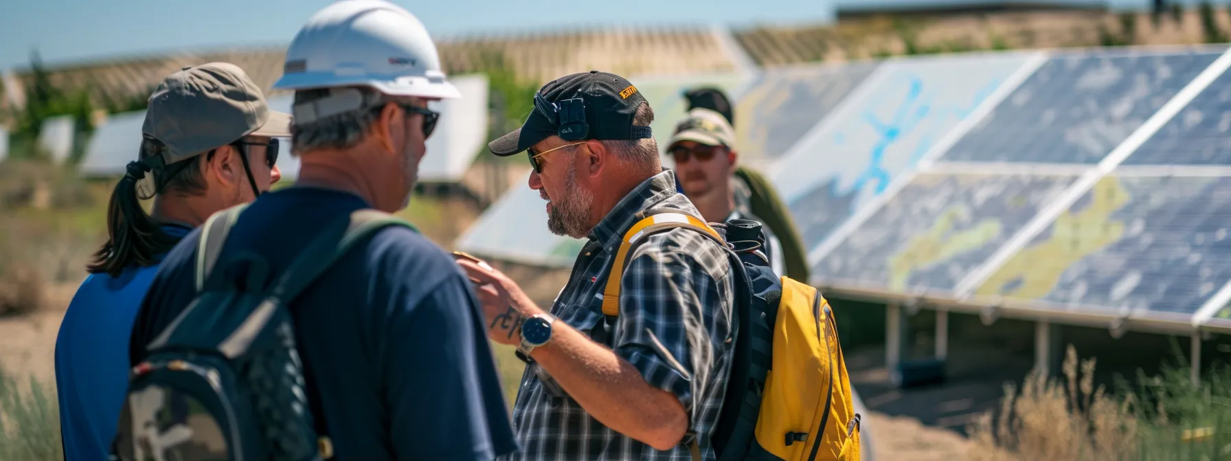 a team of solar energy contractors reviewing a map with solar panel installations highlighted in different locations.