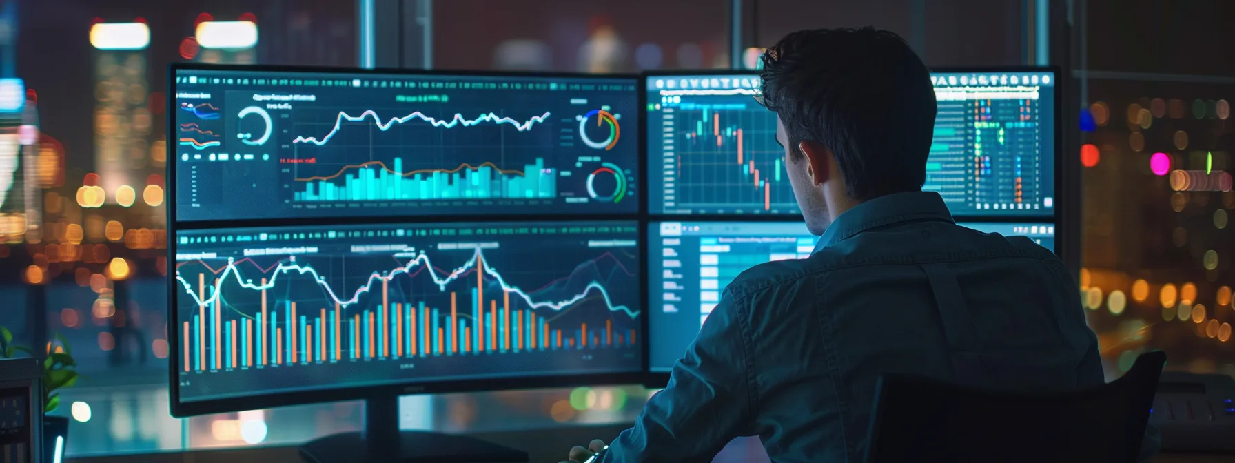 a person analyzing data on a computer screen with charts and graphs.