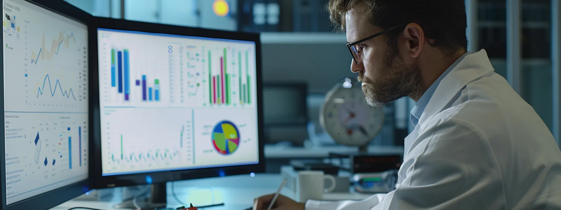 a veterinarian analyzing graphs and charts on a computer screen to track seo performance for their clinic's website.