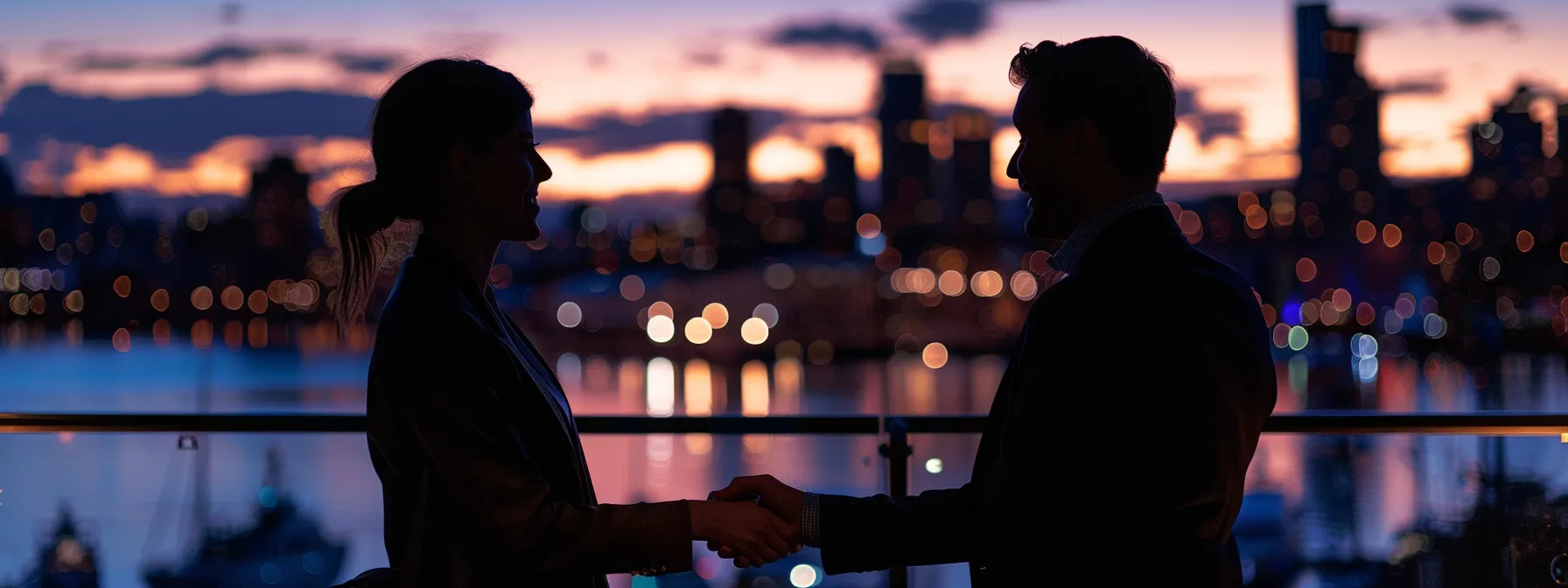 two people shaking hands at a networking event with a city skyline in the background.