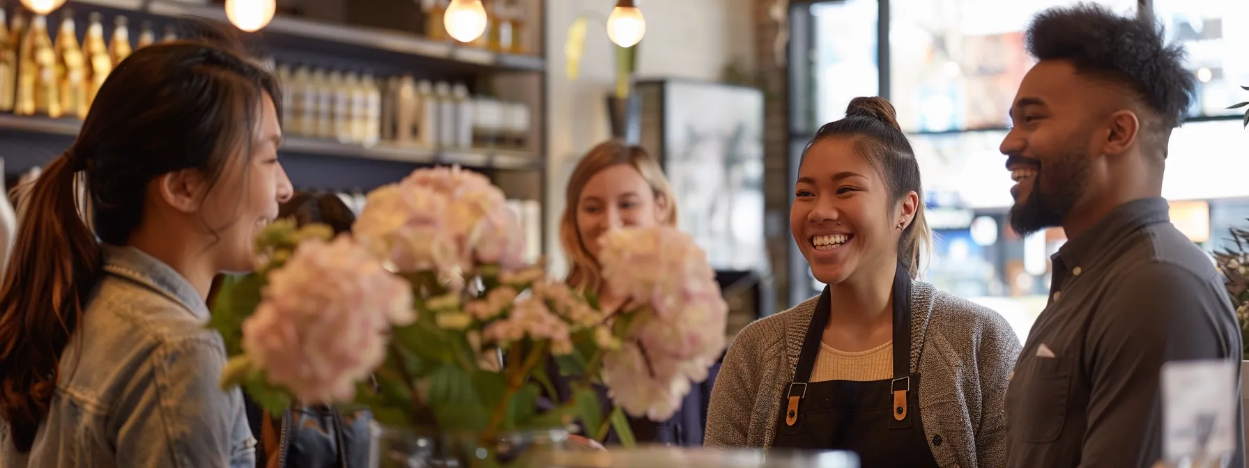 a team of employees smiling and engaging with customers in a welcoming and positive environment.