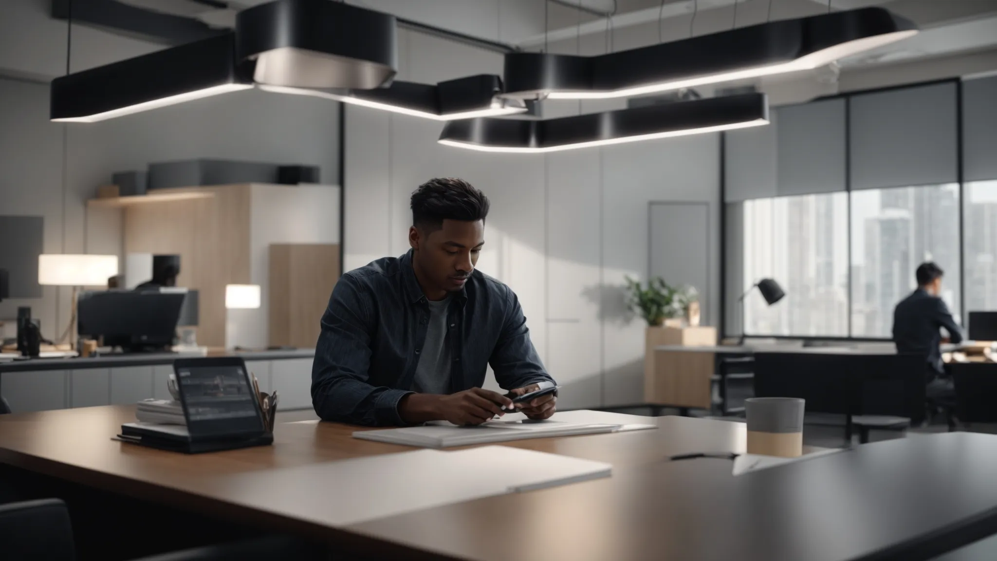 a person in a sleek modern office space, looking at branding materials and brainstorming ideas.