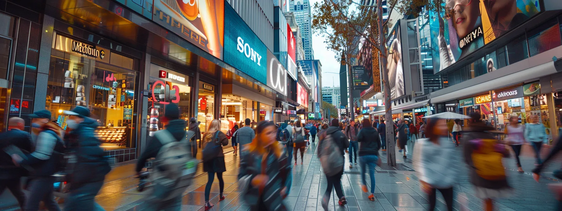 a busy bustling street in melbourne with people interacting with various online advertisements and marketing materials.