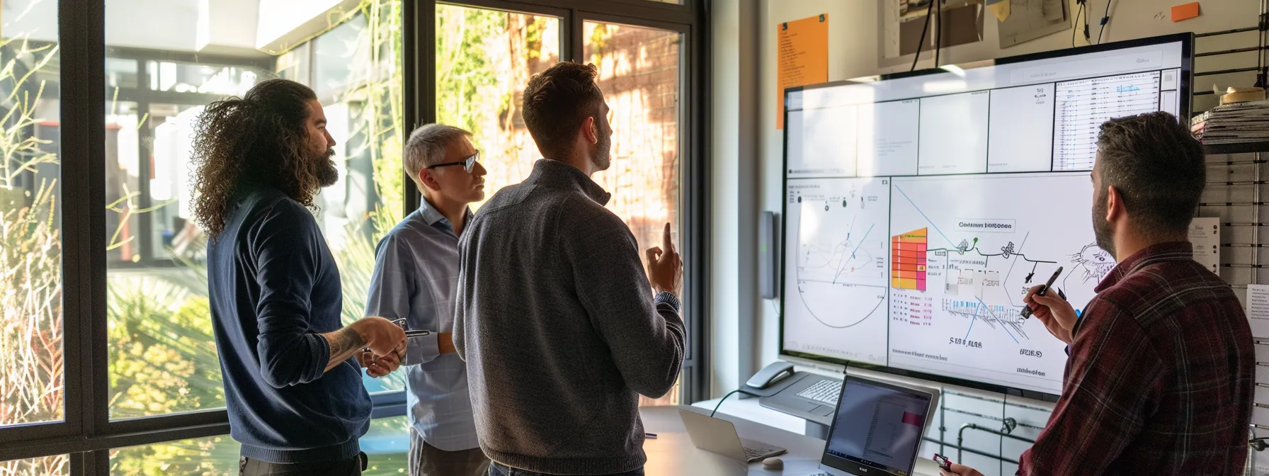 a group of architects brainstorming and analyzing data on a whiteboard to develop a tailored seo strategy for their architecture firm.