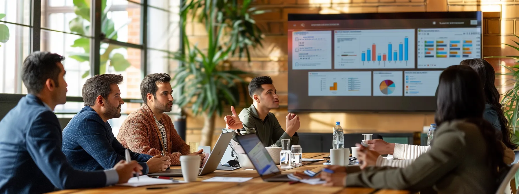 a sales team discussing data insights from crm software during a meeting.