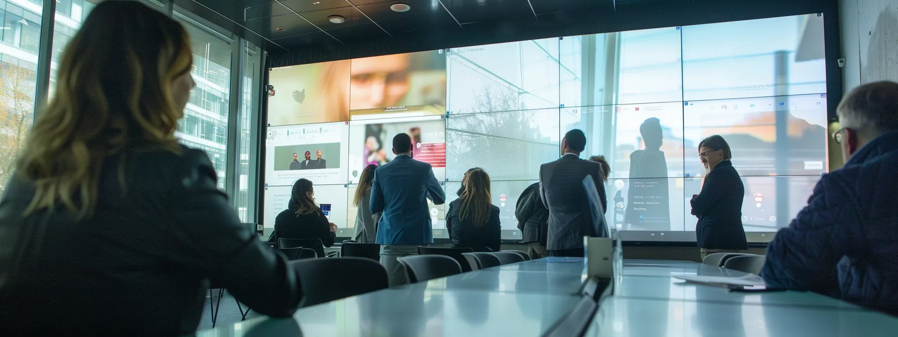 a group of professionals engaging with interactive content on a large screen.