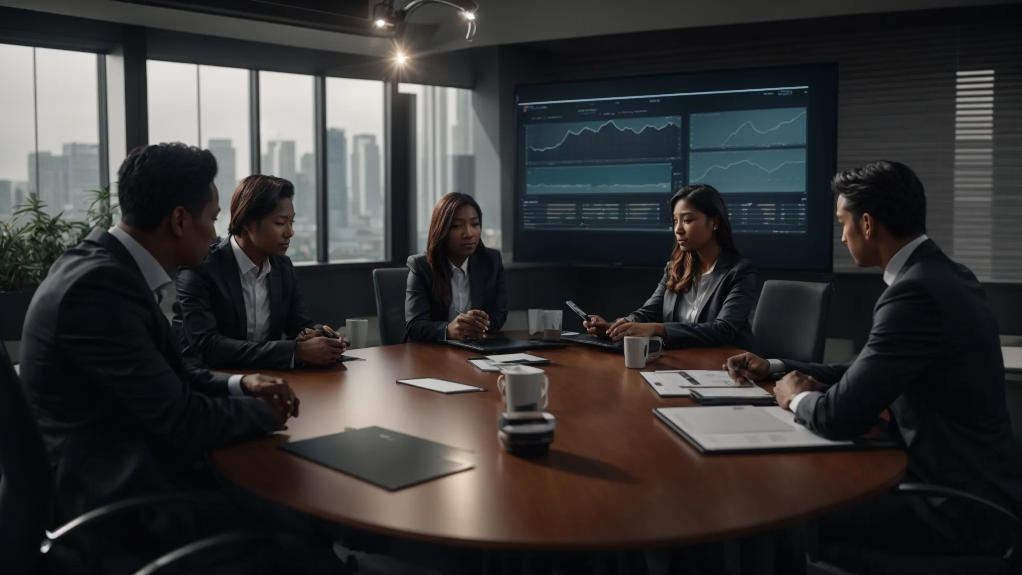 a team in a meeting room reviewing data and charts on a screen.