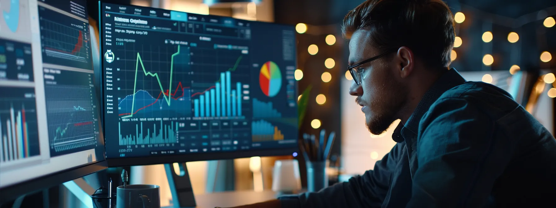 a team of professionals analyzing data on a computer screen with a graph showing increasing sales performance.