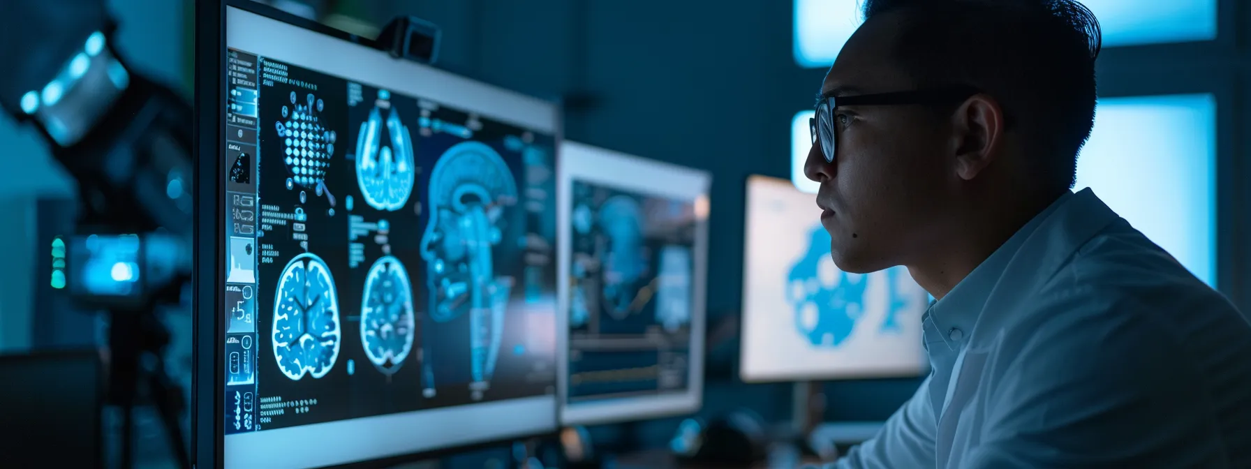 an audiologist analyzing a computer screen filled with keywords and search engine optimization data.