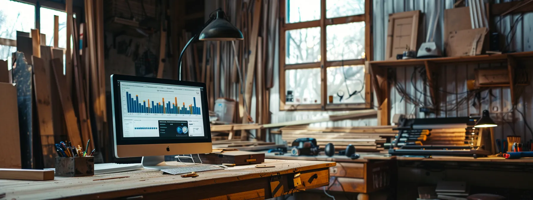 woodworking workshop with a computer displaying website analytics and search rankings on the screen.