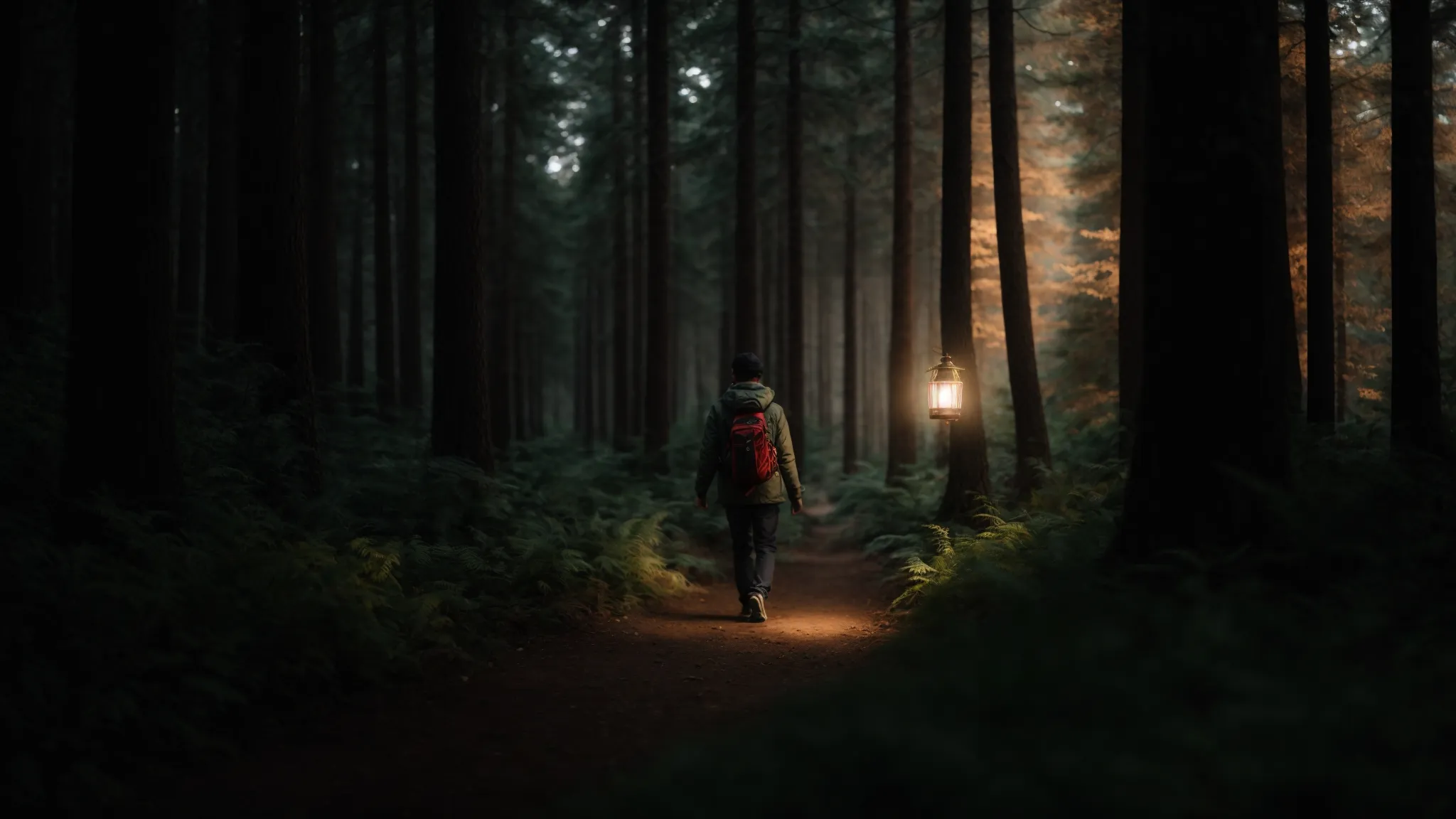 a person walking confidently through a dark forest, holding a glowing lantern, surrounded by shadows but forging ahead with determination and self-belief.