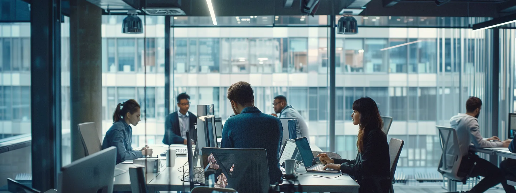 a team of young professionals brainstorming together in a modern office space with computers and various digital devices surrounding them.