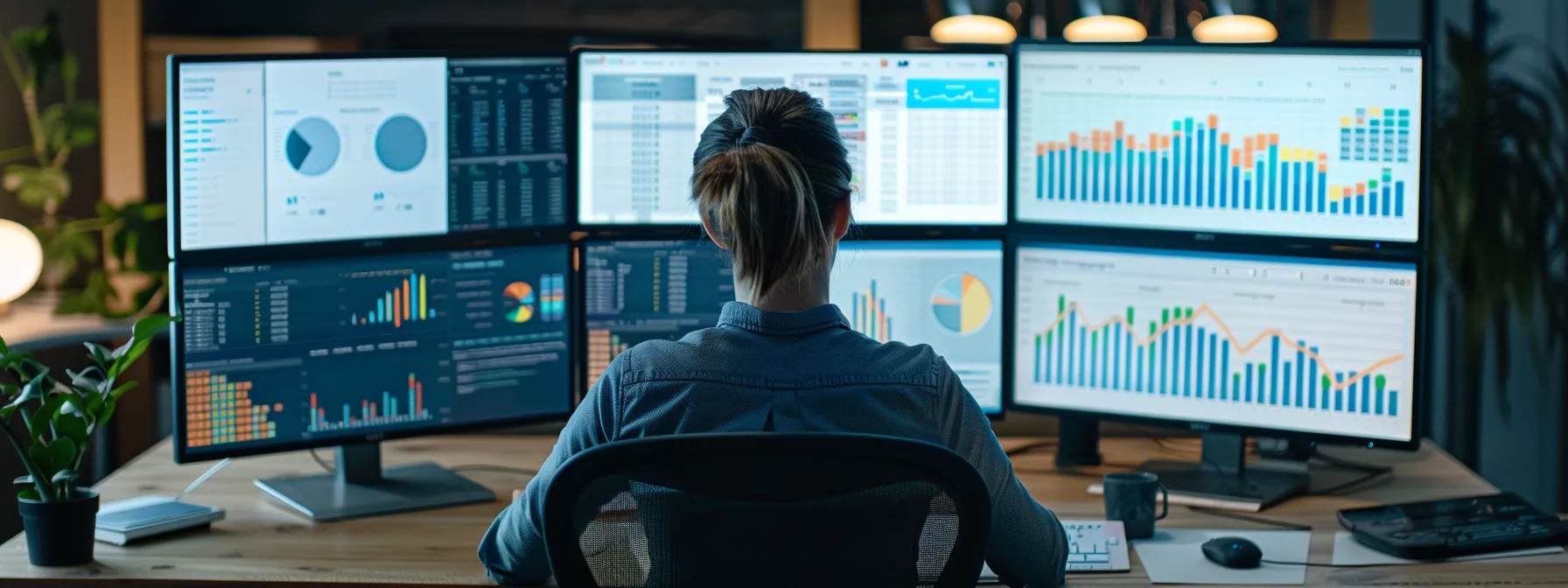 a person sitting at a desk with multiple computer screens displaying various seo tools and analytics.