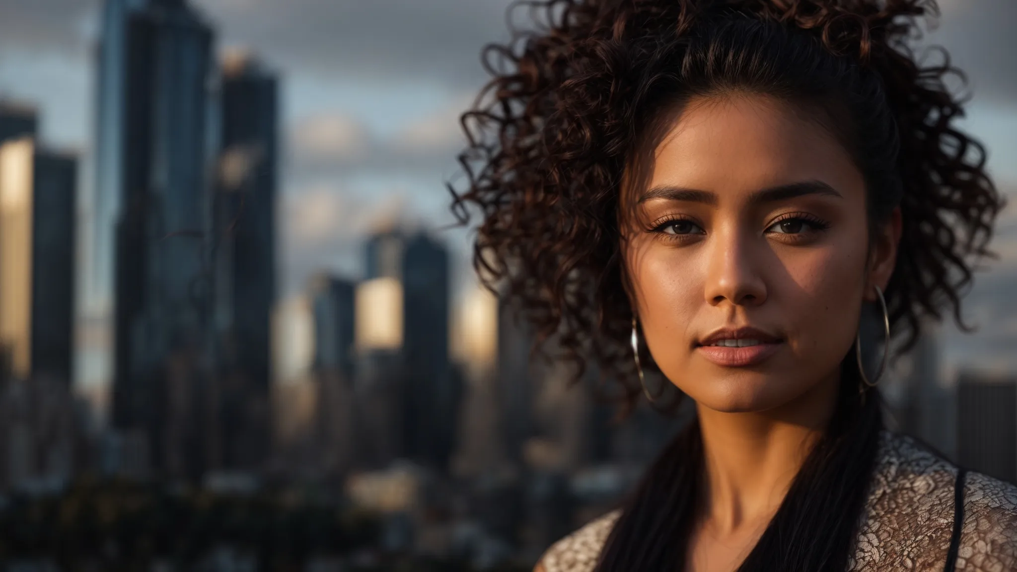 a woman posing confidently in front of the melbourne skyline.