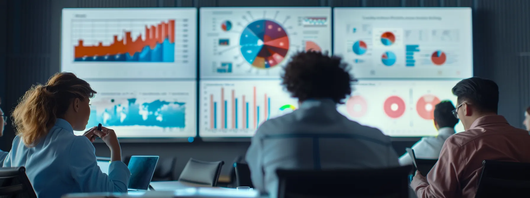 a group of people analyzing graphs and charts on a digital screen.