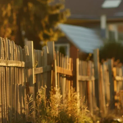 a fence contractor standing in front of a beautifully constructed wooden fence on a sunny day.