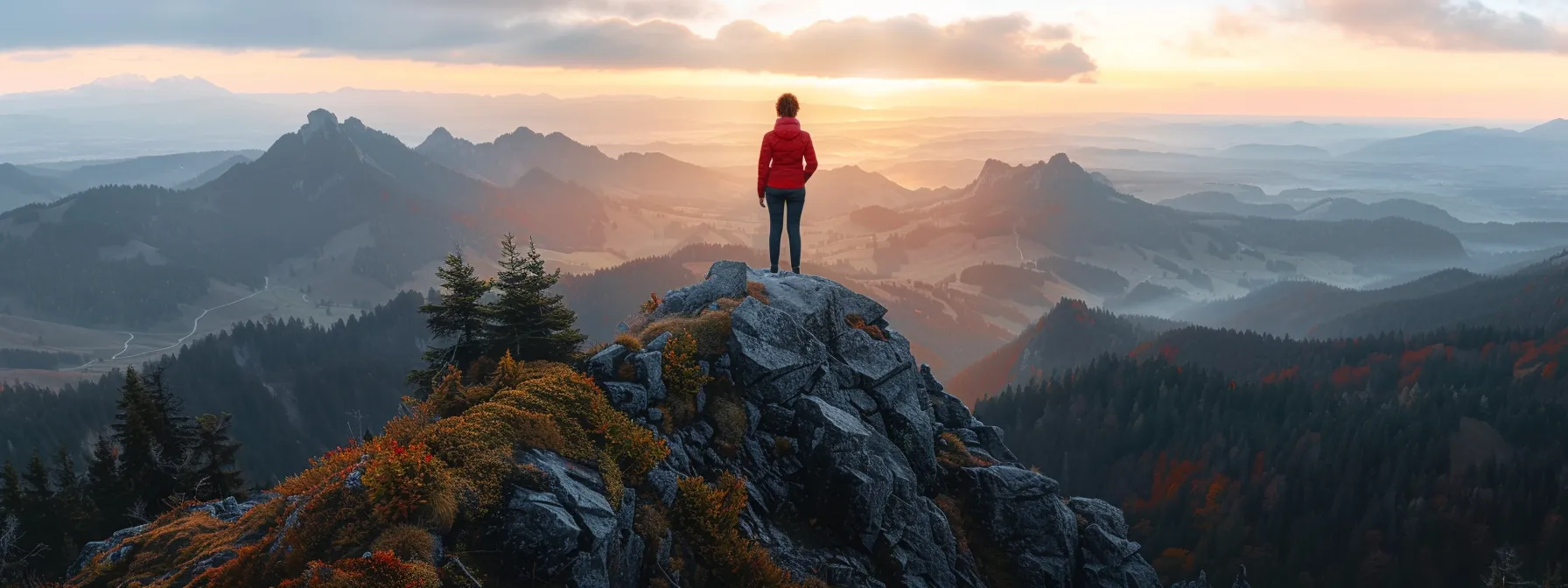 a person standing on top of a mountain peak overlooking a vast, inspiring landscape.