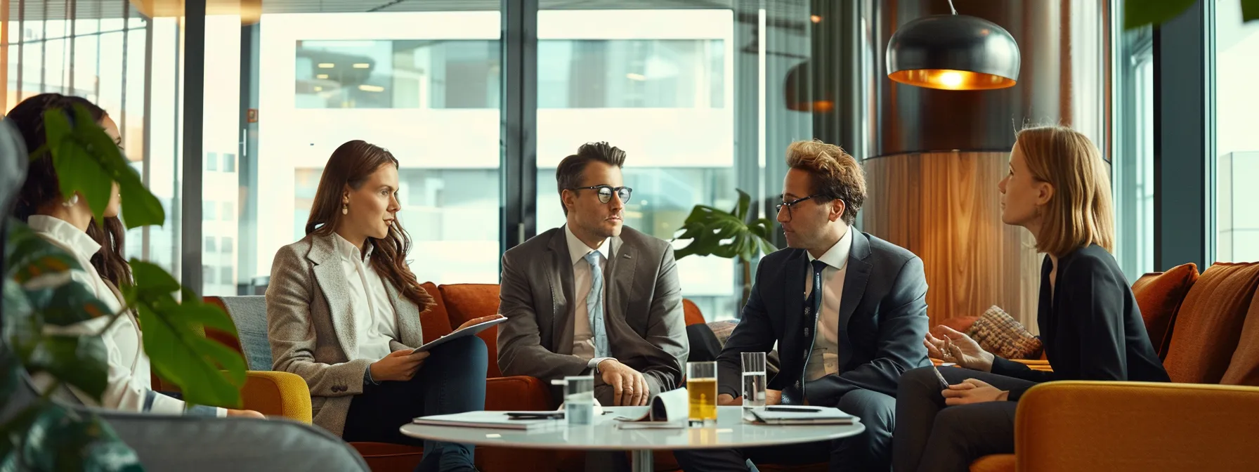 a group of well-dressed individuals strategizing in a modern office setting.