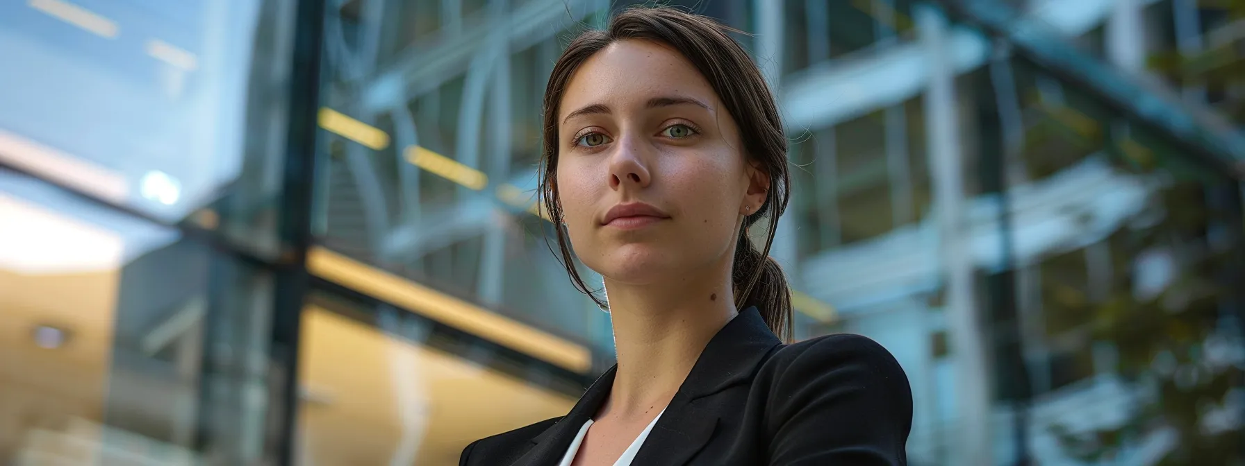 a woman in a professional attire confidently stands in front of a modern office building in melbourne.