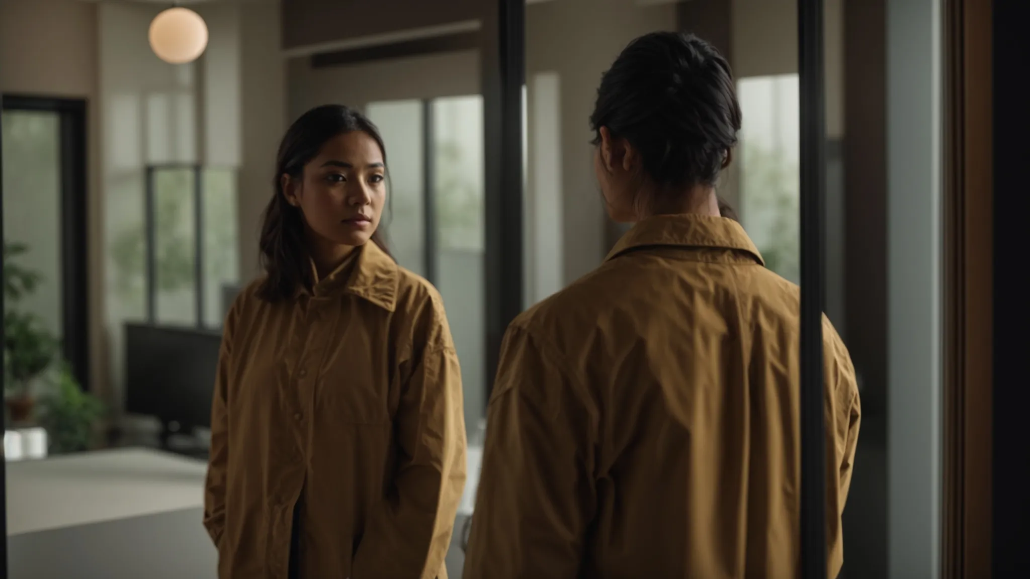 a person standing in front of a mirror, looking at their reflection with a determined expression.