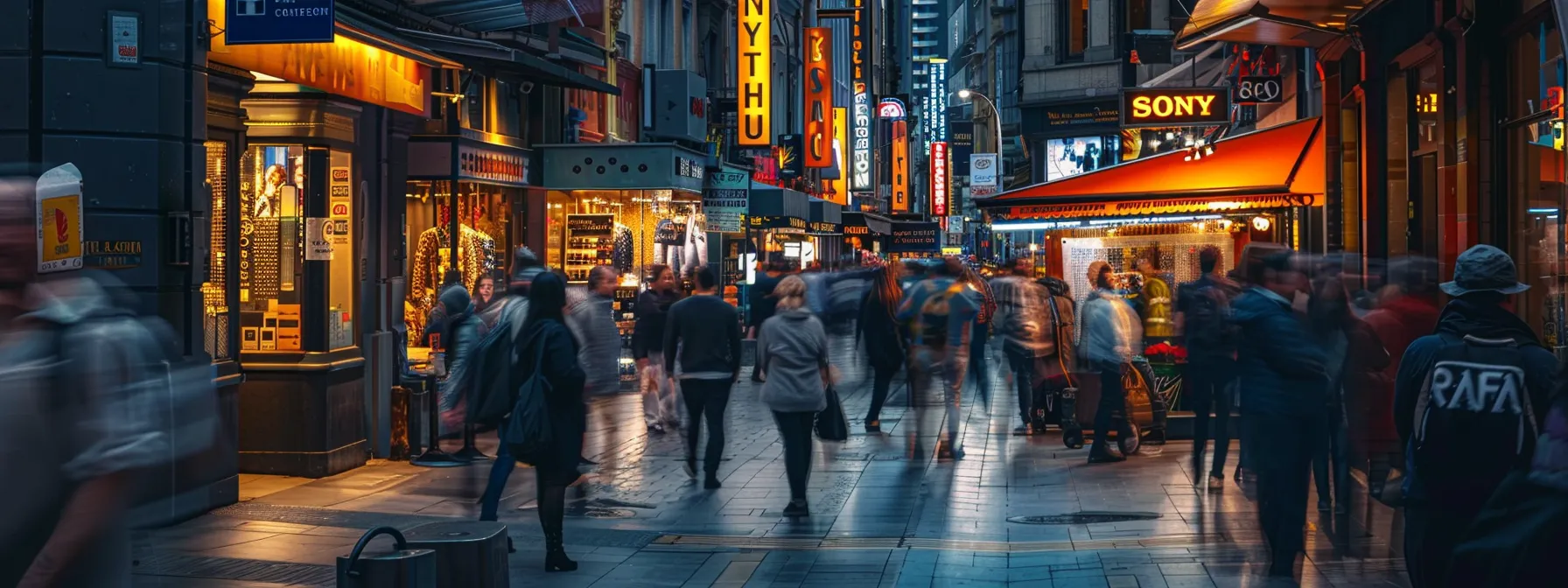 a busy street in melbourne with multiple businesses and people walking around, with a digital display showing positive reviews for one of the businesses.