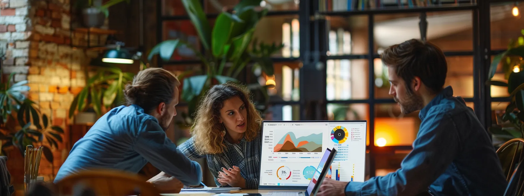 a group of people brainstorming and discussing while looking at a laptop screen with charts and graphs, indicating they are tailoring their seo strategy for the melbourne market.