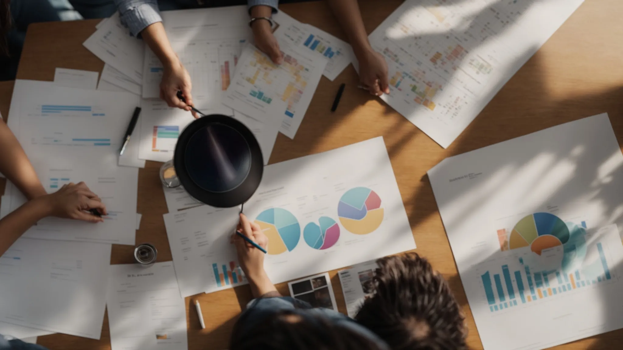 a group of people gathered around a table with charts and graphs, discussing and planning their next steps.