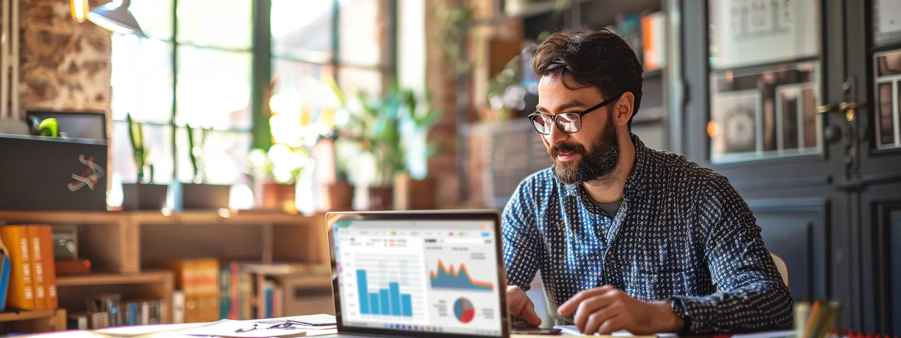 a local melbourne business owner analyzing seo reports on a laptop in a cozy office setting.