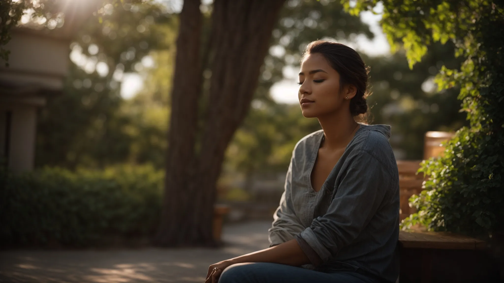 a person sitting in a peaceful setting, eyes closed, visualizing successful conversations with a relaxed expression on their face.