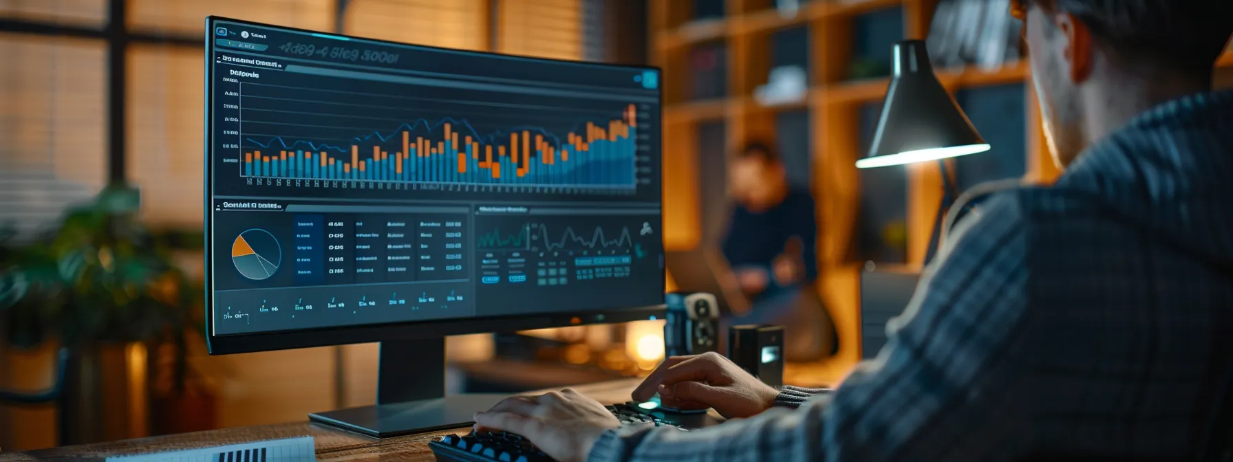 a person analyzing data on a computer screen with graphs and charts related to keyword research.