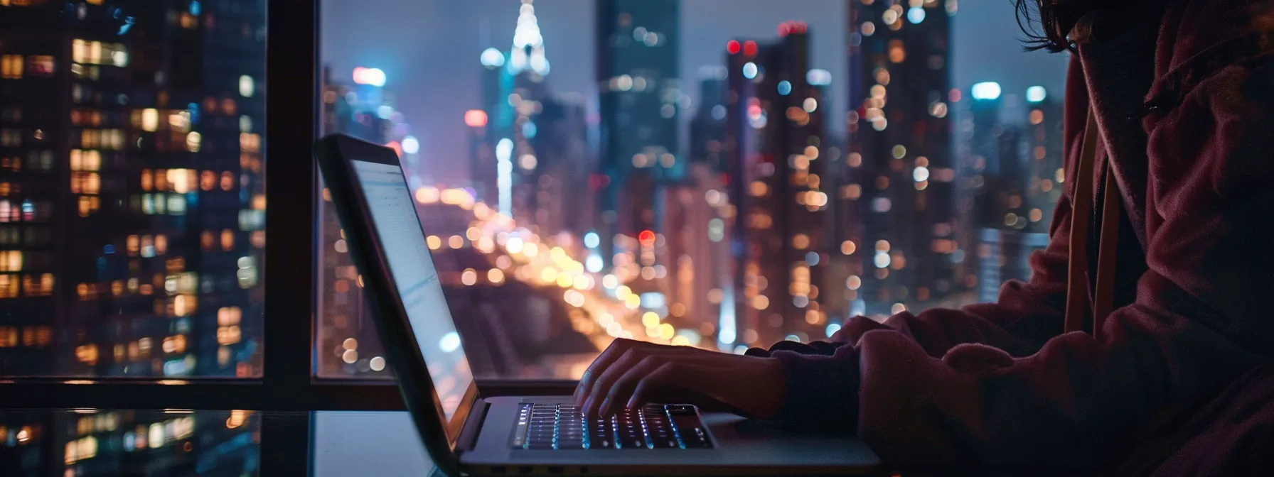 a person typing on a laptop with a city skyline in the background.