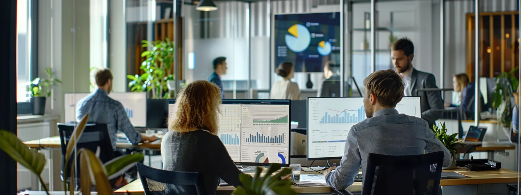 a group of professionals analyzing website data on computer screens in an office.